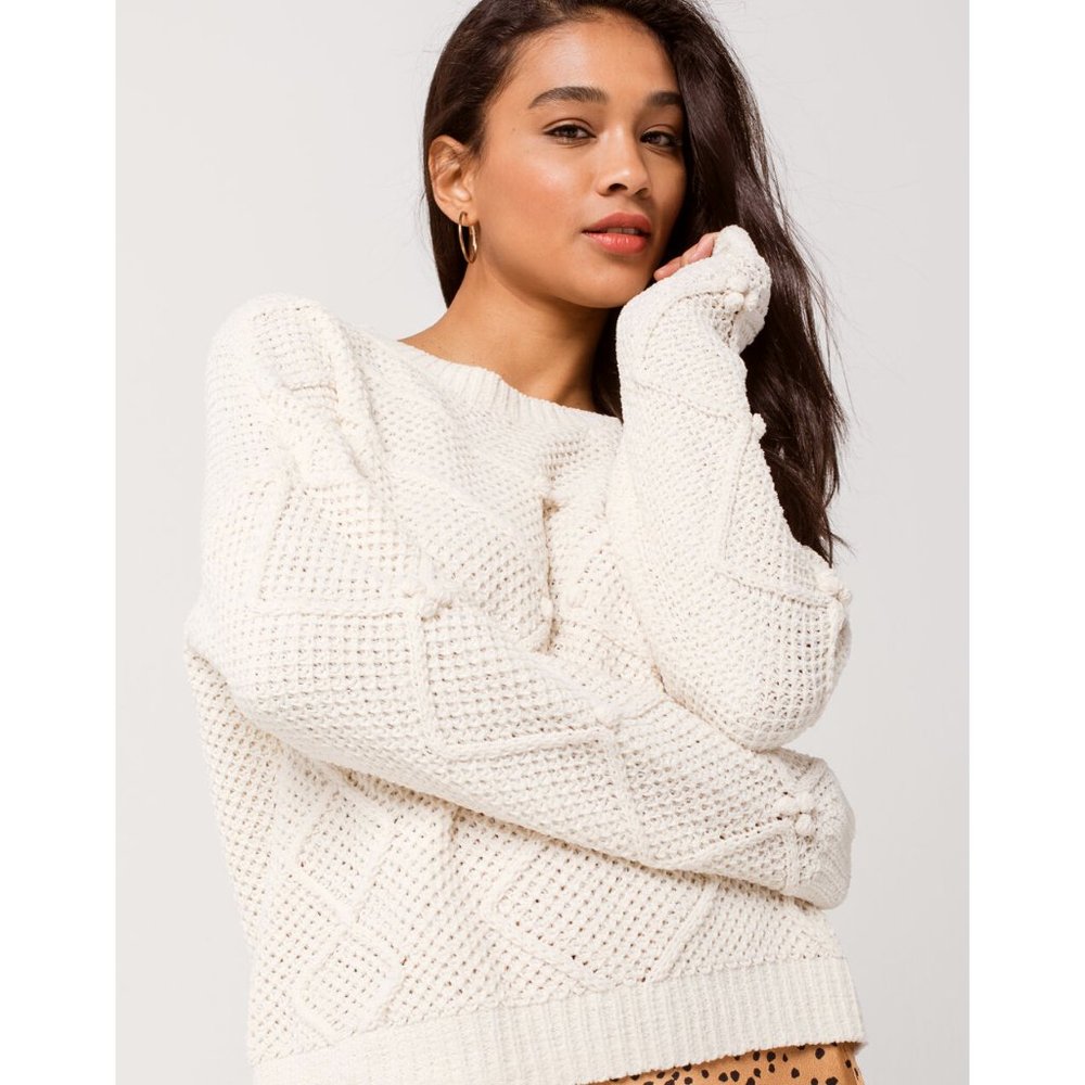 Soft Chenille Beach Sweater Pom Accent Color Cream - Picture 11 of 11